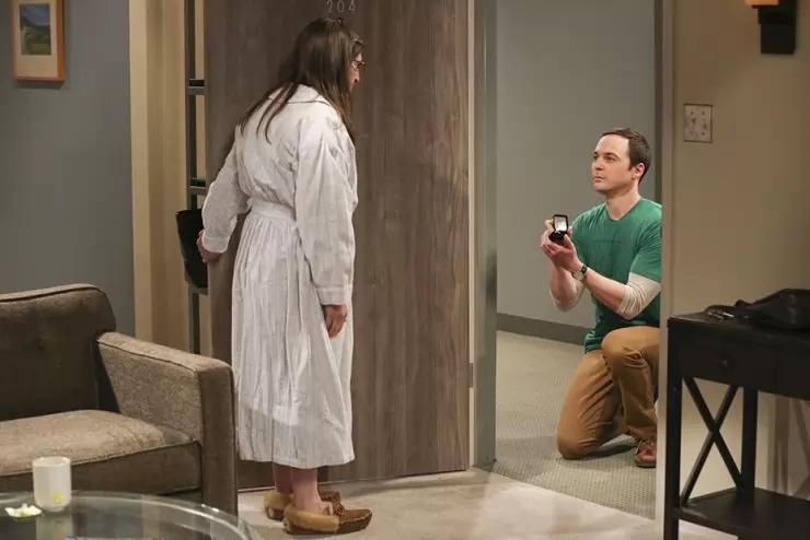 "The Long Distance Dissonance"-- Pictured: Amy Farrah Fowler (Mayim Bialik) and Sheldon Cooper (Jim Parsons). The gang is concerned when Sheldon's former admirer, Dr. Ramona Nowitzki (Riki Lindhome), resurfaces while Amy is away at Princeton, on the 10th season finale of THE BIG BANG THEORY, Thursday, May 11 (8:00-8:31 PM, ET/PT) on the CBS Television Network. Photo: Michael Yarish/Warner Bros. Entertainment Inc. ÃÂ© 2017 WBEI. All rights reserved.